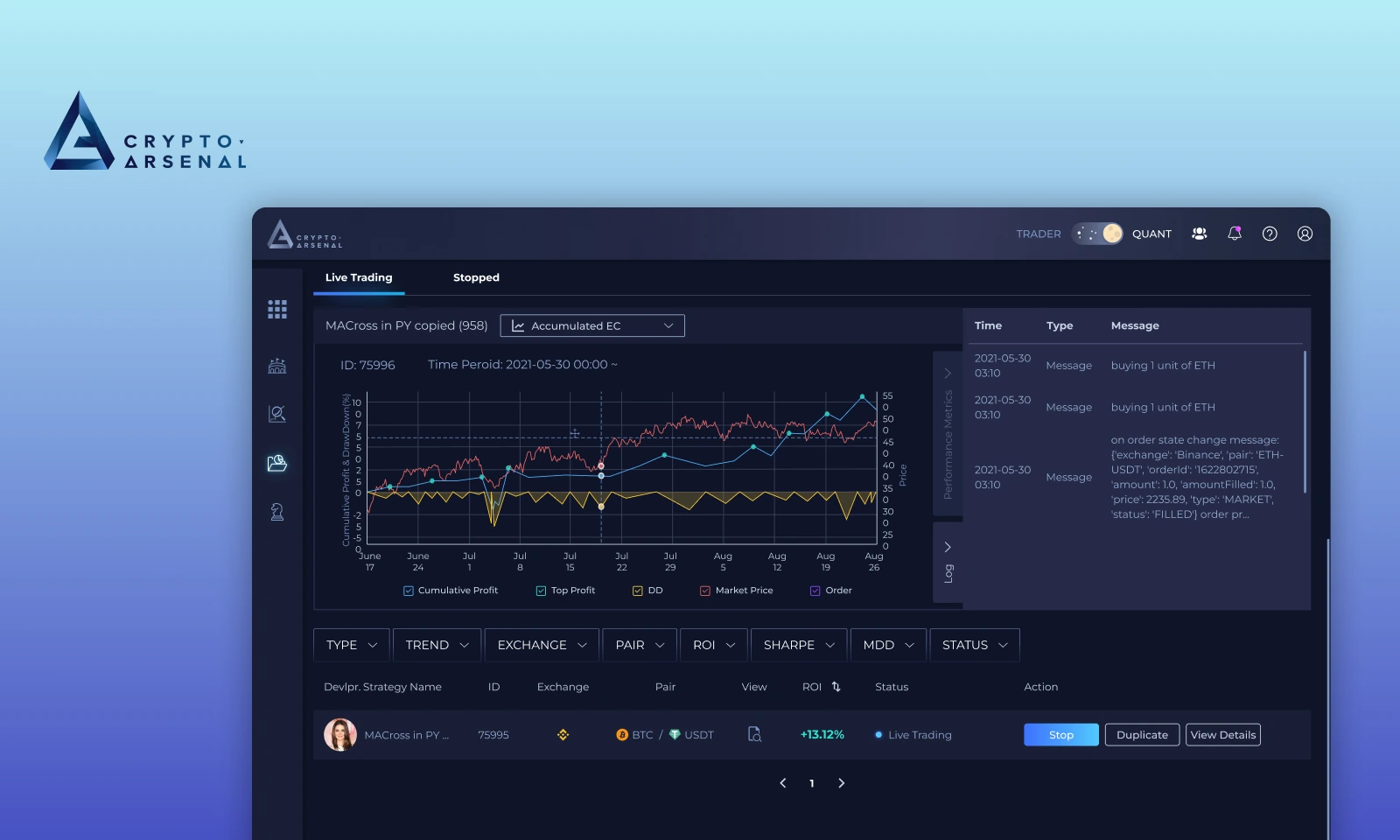 Crypto Arsenal quantitative trading platform interface