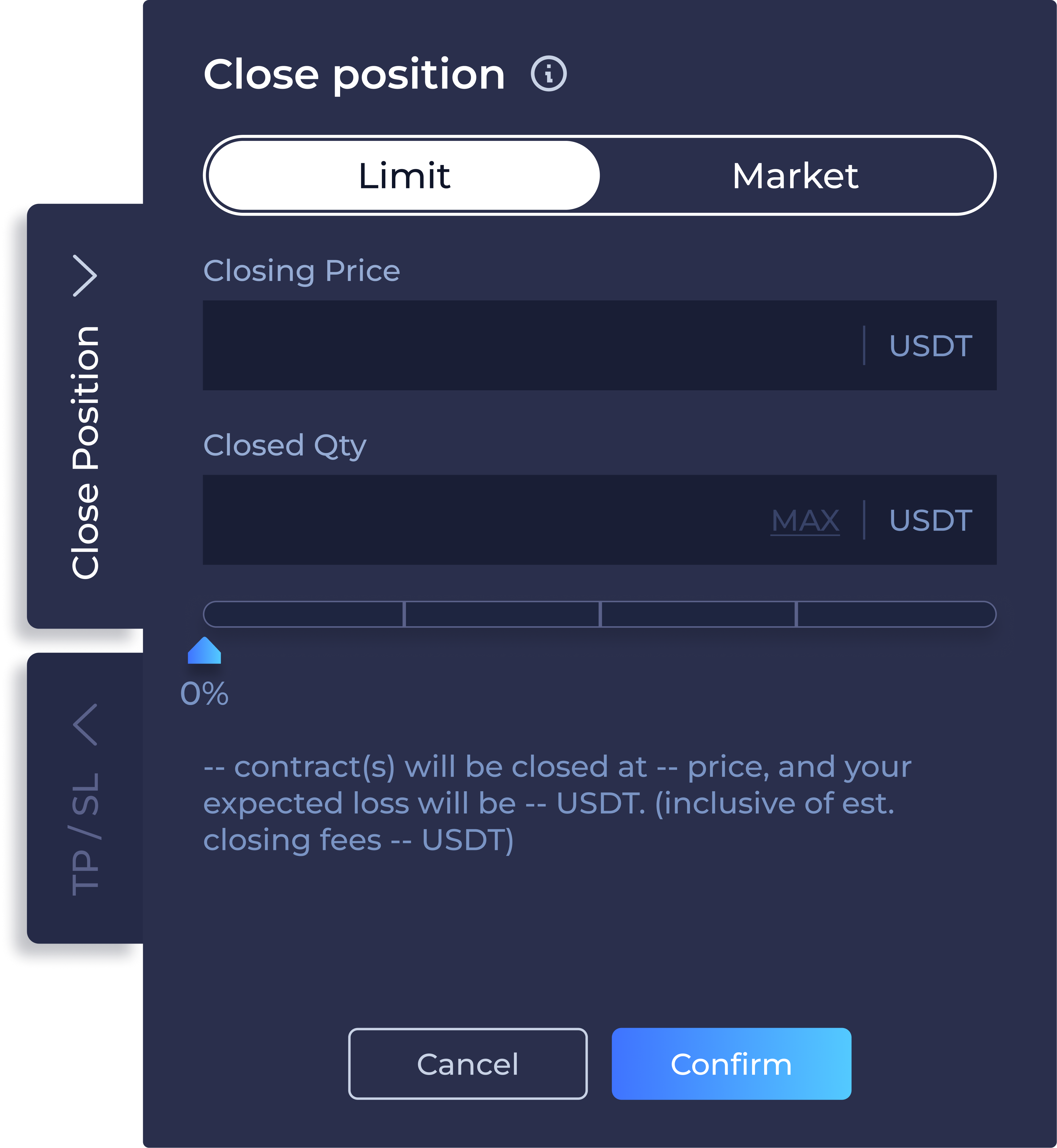 After: close quantity became an input plus ratio slider with live estimated P&L