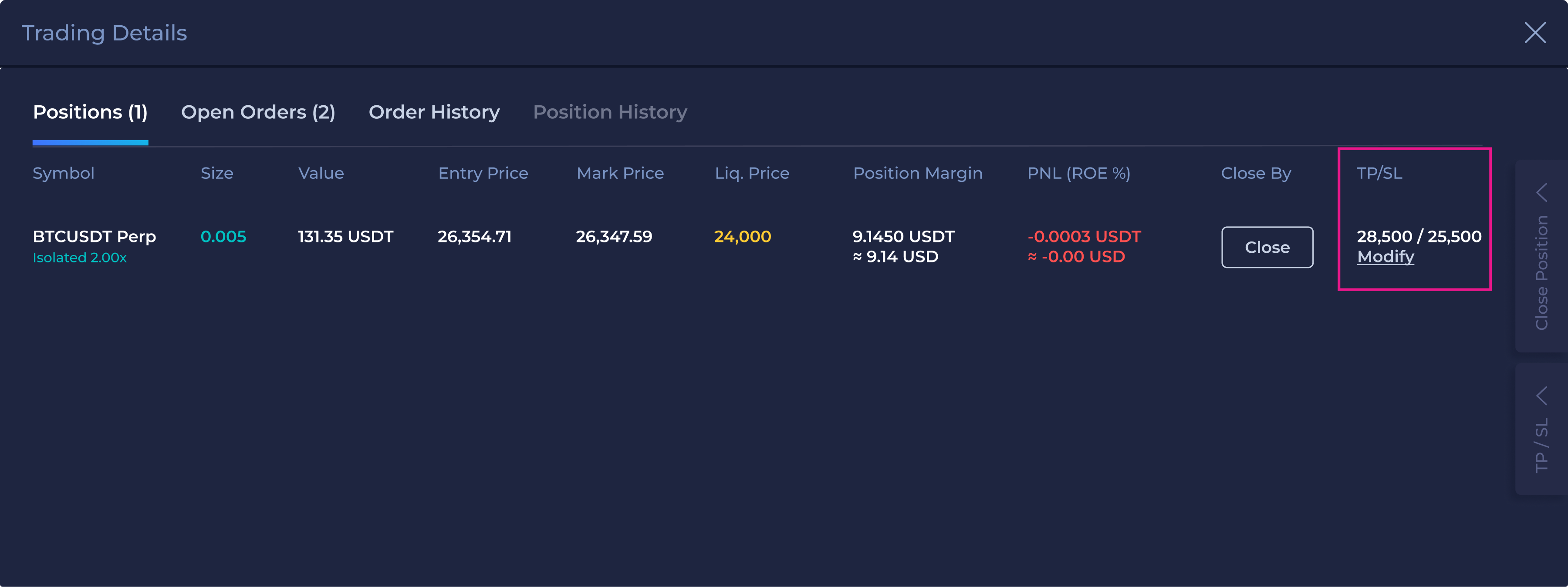 After: the button reads Modify when a position already has TP/SL set