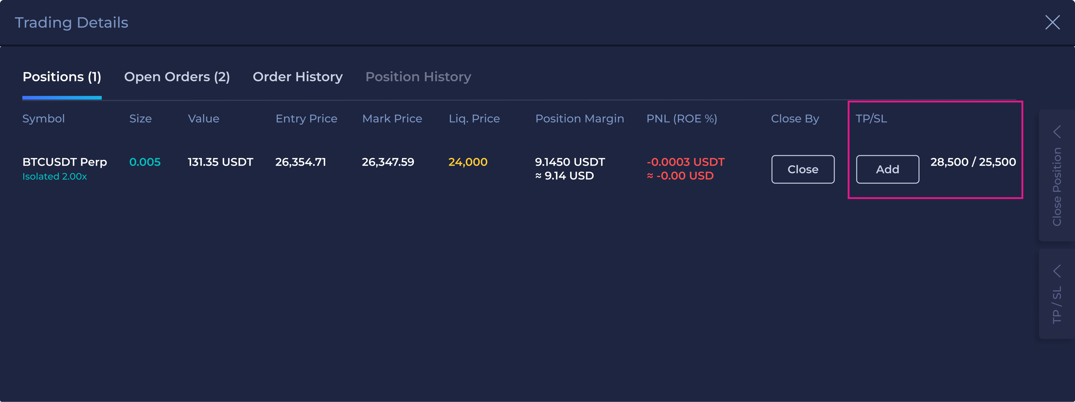 Before: a position with TP/SL already set still showed an Add button
