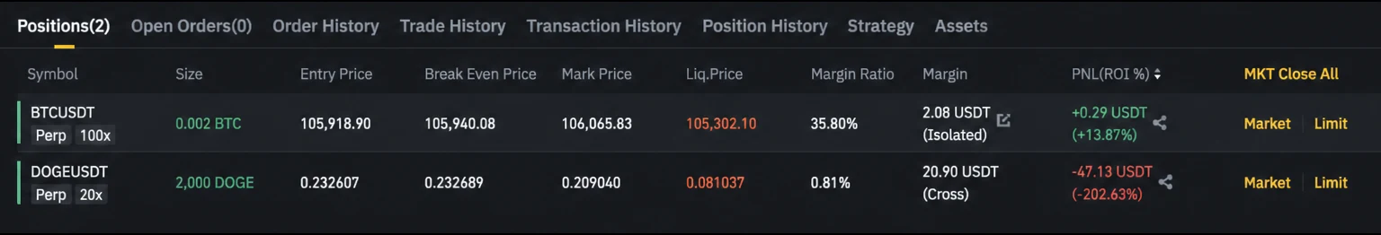 Binance futures position list with Symbol, Size, Entry Price, Mark Price, Margin, PNL fields