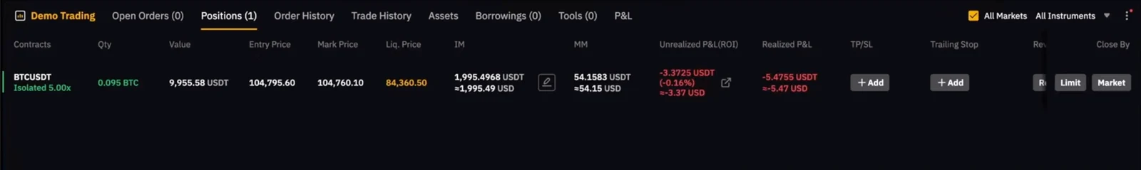 Bybit futures position list with size, entry price, mark price, liquidation price, and unrealized P&L