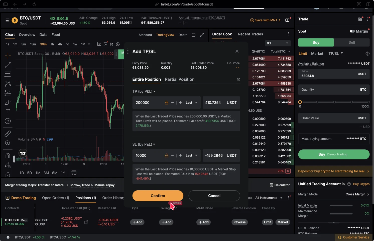Bybit TP/SL 設定彈窗，可設定止盈與止損觸發價格（最新 / 標記）與數量